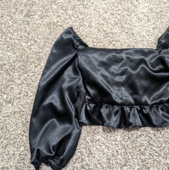 Majorelle Black Satin Cropped Puff Sleeve Top - Picture 6 of 11